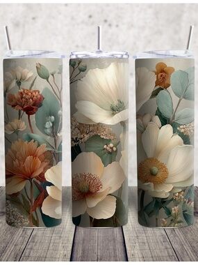 Hand Crafted Floral Stainless Steel Tumbler - Cream & Green